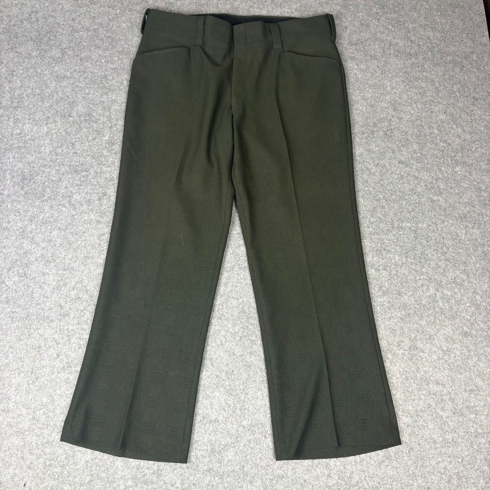 Vintage Knit Slacks Mens 35x28 Olive Green Textured Straight Leg Dress Pants